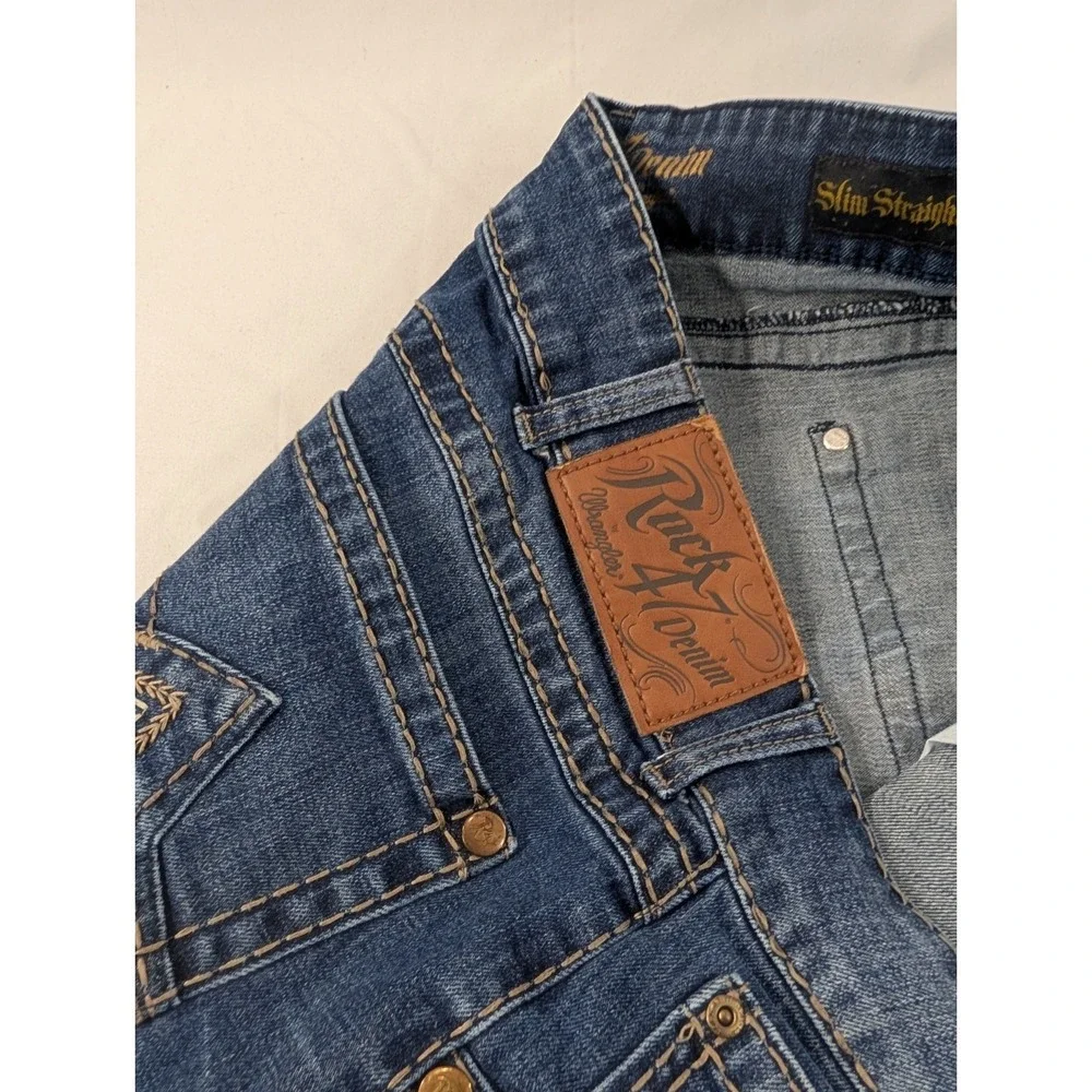 Wrangler Rock 47 Jeans Mens 38x30‎ Thick Stitch Heavy Blue Slim Straight Denim